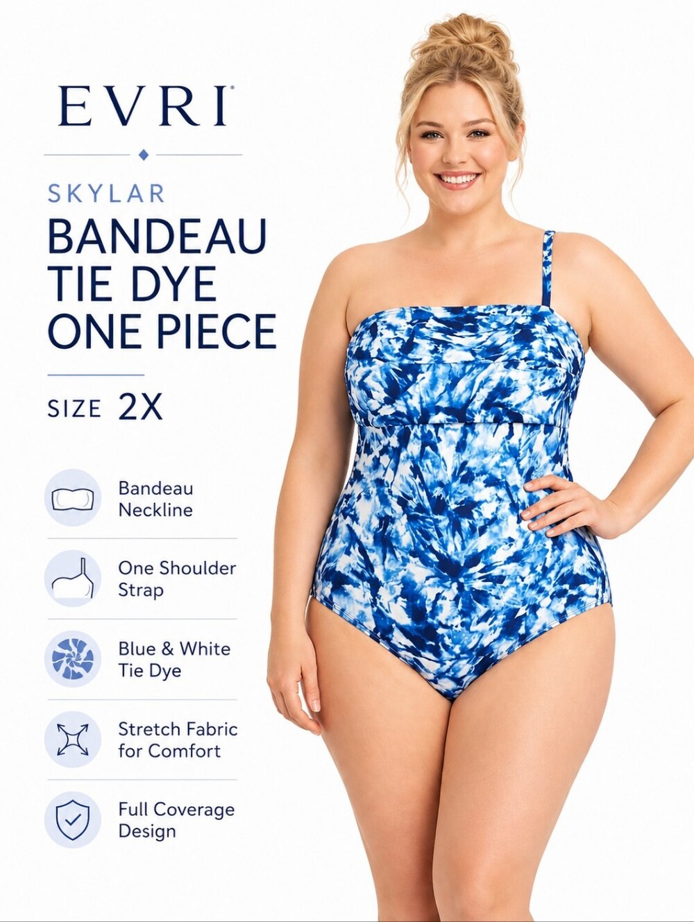 EVRI Womens Blue & White Tie Dye Skylar Bandeau One Piece Swimsuit Size …